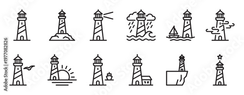 Collection of twelve distinct lighthouse outline icons depicting various nautical scenes and weather conditions in a simple, modern style