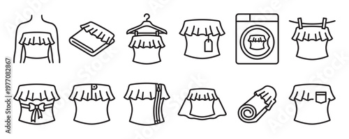 Collection of off-shoulder top icons in various states, including worn, folded, on a hanger, with a tag, in a washing machine, and drying on a line, presented as clean line art