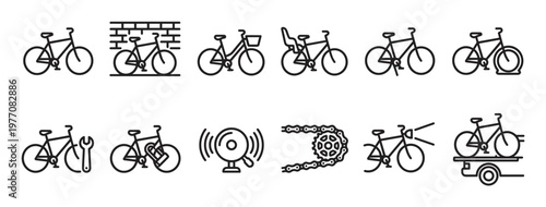 Comprehensive set of bicycle line icons, depicting various bikes, accessories, and maintenance concepts in a clean, minimalist style