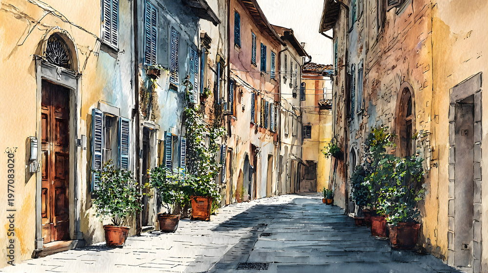 Obraz premium Narrow cobblestone street with potted plants and rustic buildings in a quaint old town on a sunny day