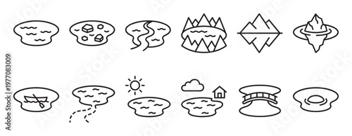 Collection of simple black outline icons depicting various water bodies and natural landscapes, presented in a clean, minimalist style