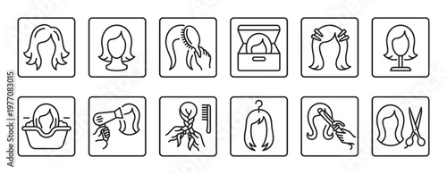 Collection of twelve black outline icons illustrating various wig care and styling processes, including washing, drying, brushing, and cutting