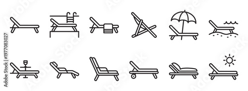Collection of black outline icons depicting various types of lounge chairs and beach recliners, suitable for summer vacation themes