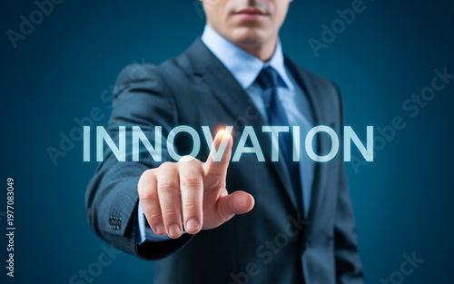 Businessman Touching Innovation Text, Digital Transformation and Technology Strategy Concept
