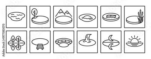 Collection of twelve simple line art icons depicting various water bodies and natural elements