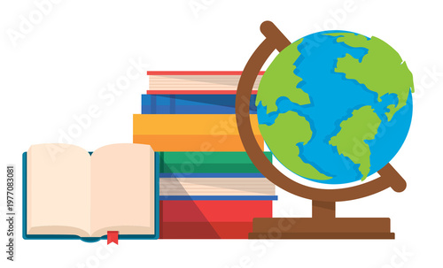 Stack of books and globe model for global education concept