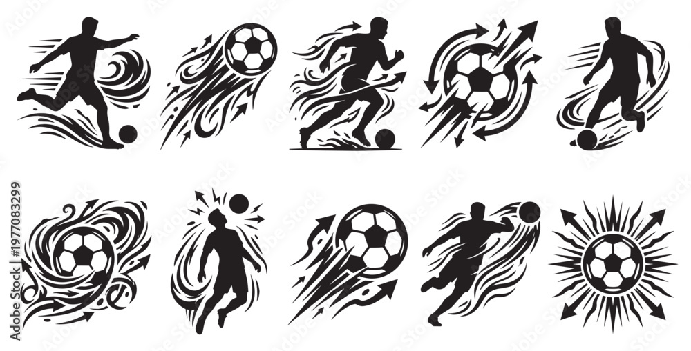 Fototapeta premium Dynamic collection of black silhouette illustrations depicting soccer players in various action poses, showcasing ball movement and energy with tribal and arrow graphic elements.