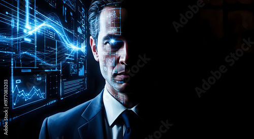 A man in a suit with futuristic digital interface and graphs projected on his face in a dark room with blue neon lights