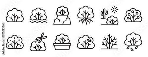 Various black outline bush icons depict different forms and states of shrubbery, including potted, fruiting, and desert plants