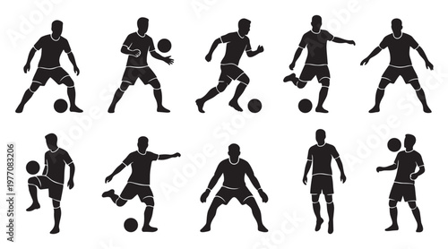 A collection of black silhouettes of male soccer players in various dynamic poses and actions with a white background for versatile use.