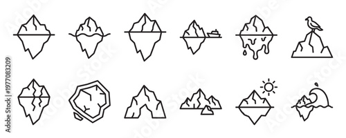 Collection of various simple black outline iceberg icons depicting different shapes, melting, and interactions with water and a boat