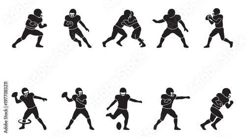 A collection of black silhouettes of American football players in various action poses, suitable for graphic design and sports-themed content.