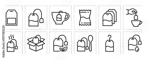 Collection of black outline tea bag icons depicting various stages of tea preparation and packaging, presented in a clean, minimalist style