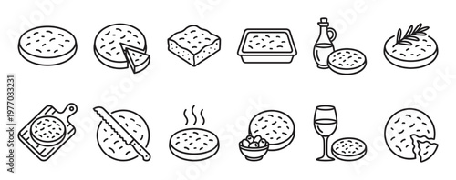Collection of black outline icons depicting various forms of focaccia bread, including whole, sliced, and served with olives or wine, presented in a clean, minimalist style