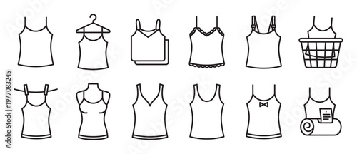 Various black outline tank top icons are displayed in a clean, minimalist style, illustrating different states and designs of the garment