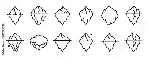 Collection of diverse iceberg outline icons illustrating various shapes, sizes, and conditions of floating ice masses