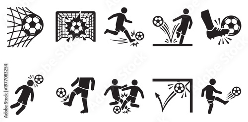 This black and white icon set depicts various actions in soccer, including scoring goals, kicking, and heading the ball, ideal for sports graphics and concepts.