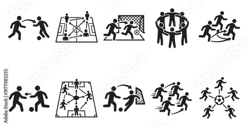 A collection of simple black icons illustrating football strategies, formations, and player actions on a white background, ideal for sports presentations.