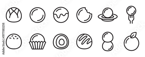 Collection of twelve simple black outline dessert icons, featuring various sweet treats and fruits in a clean, minimalist style