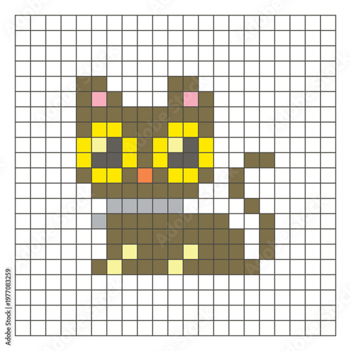 A flat pixel design made of geometric square color blocks on a clean grid layout. Pixel art cat