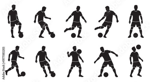 A set of black silhouette icons depicting male football players in various dynamic actions with a soccer ball on a clean white background.