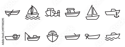 Various simple black outline boat icons are neatly arranged in two rows on a clean white surface, depicting different types of watercraft