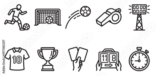 A collection of minimalist black line icons depicting various elements of a soccer game, including a player kicking a ball, goal, whistle, scoreboard, jersey, trophy, cards, and stopwatch.