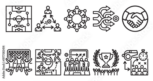 Collection of simple line art icons representing soccer strategy, teamwork, and victory with a clean, modern aesthetic suitable for presentations and sports content.