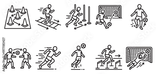 A collection of simple, black and white line art icons depicting various soccer training drills and exercises for players and goalkeepers.