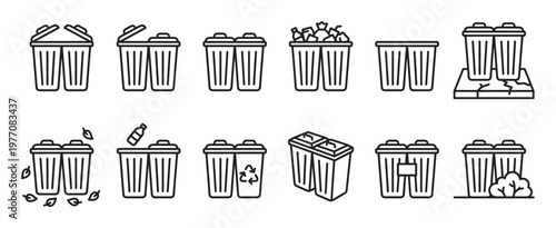 Collection of black and white line art icons depicting various trash cans and recycling bins in different states