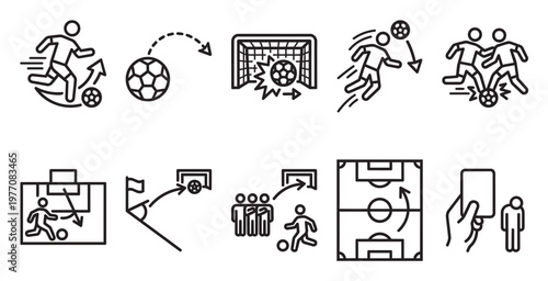 A collection of simple black line art icons depicting various soccer actions, players, a goal, and a referee issuing a card, useful for sports themes.
