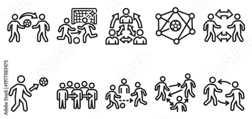 A collection of simple black and white line art icons depicting teamwork and collaboration in soccer, showing players passing, strategizing, and scoring goals.