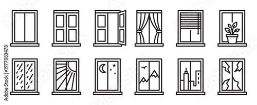 Collection of various window line icons showing different states, weather, and views in a modern, clean style