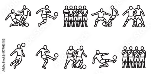 A collection of line art icons depicting various dynamic actions of soccer players in black and white, representing gameplay and team formations.
