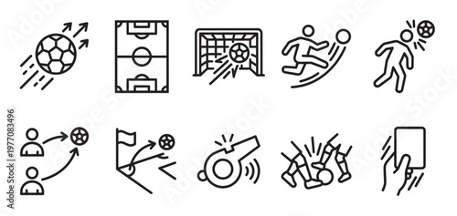 A collection of clean line art icons depicting various soccer actions and game elements, including a ball in motion, field, goal, players, whistle, and cards.