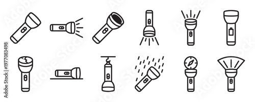 Collection of black outline flashlight icons depicting various designs, light beams, and functional states in a simple graphic style