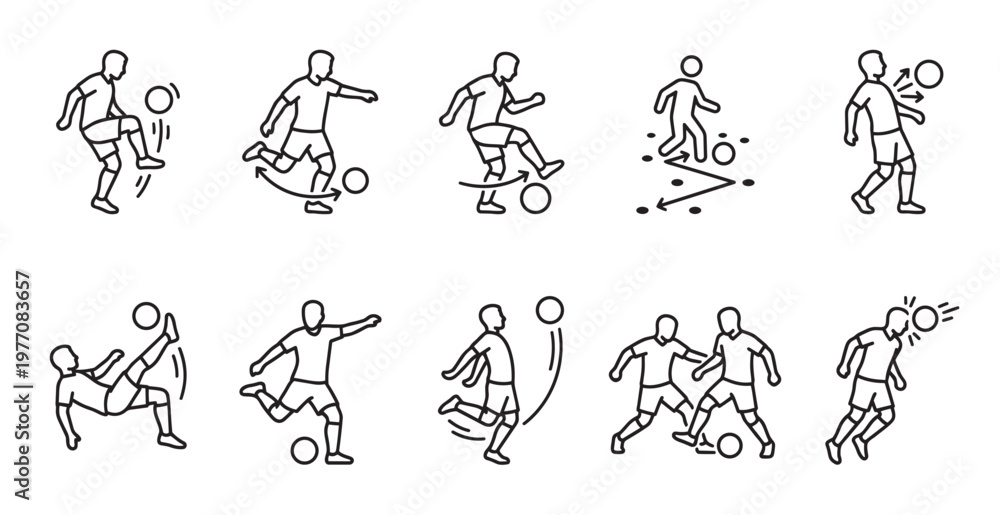 Obraz premium A collection of simple line art icons depicting various soccer player actions like kicking, juggling, heading, and tackling, suitable for sports graphics.