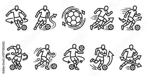 A collection of ten line art icons depicting a soccer player in various dynamic poses with a ball, illustrating movement and action.