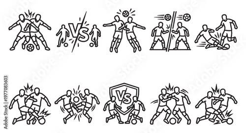 A collection of line art icons depicting various dynamic soccer actions, including tackles, kicks, and player collisions, symbolizing competition and sportsmanship.