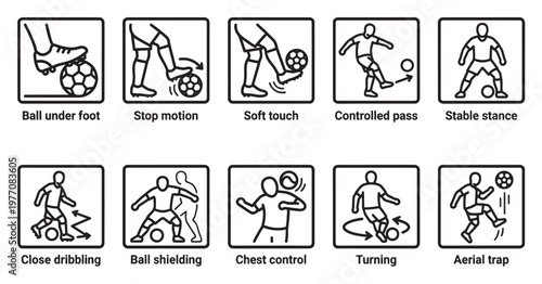 A collection of line art icons illustrating various soccer ball control techniques including dribbling passing and shielding for sports and fitness concepts.