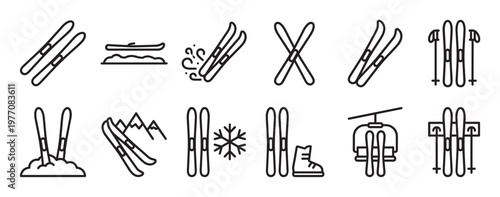 Comprehensive collection of black outline ski-related icons featuring various ski positions, equipment, and winter elements, presented with a clean, minimalist aesthetic