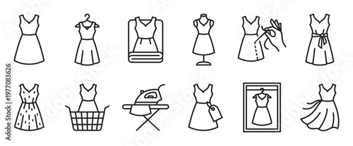 Various dress outline icons illustrating fashion, laundry, shopping, and tailoring concepts in a clean, modern style