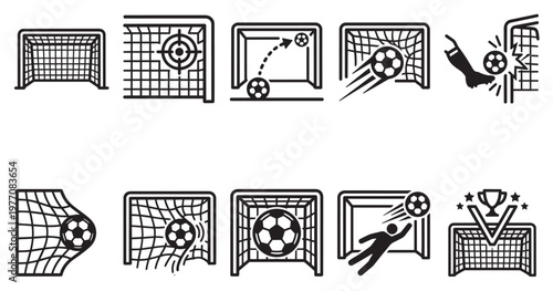 A collection of stylized black and white icons depicting various soccer actions and scenarios related to goal scoring and achievements.