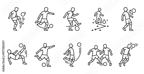 A collection of simple line art icons depicting various soccer player actions like kicking, juggling, heading, and tackling, suitable for sports graphics.