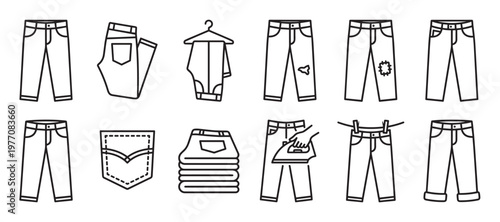 Various black outline jeans icons illustrate different styles, conditions, and activities related to denim trousers, presented in a clean, minimalist vector art style
