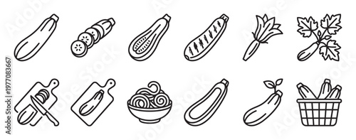Various black line art zucchini icons are arranged in a grid, showcasing different preparations and forms of the vegetable