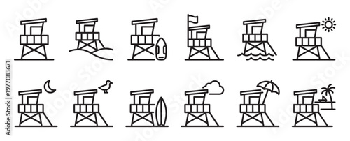 Collection of twelve black outline lifeguard tower icons depicting various beach scenes and weather conditions