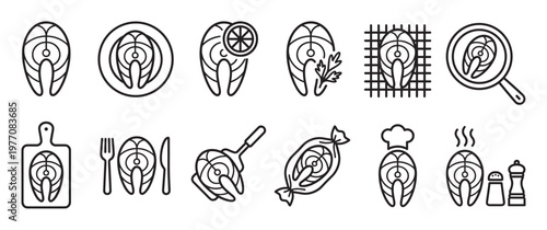 Collection of stylized black outline icons depicting various stages of preparing and serving salmon steaks, presented in a clean, modern graphic style