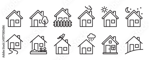 Collection of simple house outline icons depicting various home scenarios and weather conditions in a clean, modern style