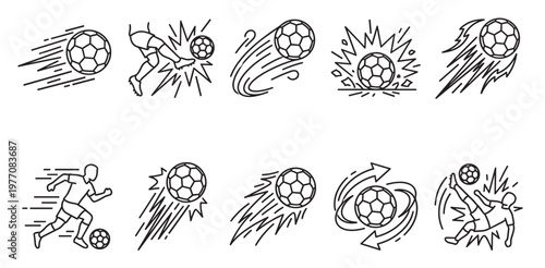 A set of ten stylized line art icons depicting various actions and motions of a soccer ball and players in dynamic poses.